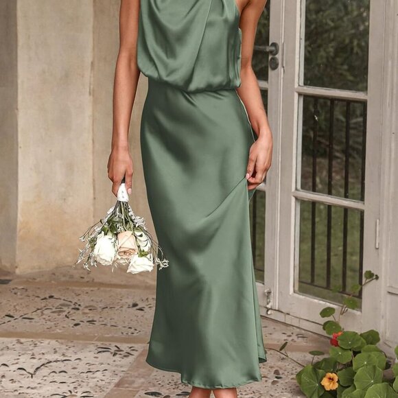 Women's 2025 Summer Satin Dress Elegant Sleeveless Mock Neck Cocktail Party Maxi - Picture 6 of 7